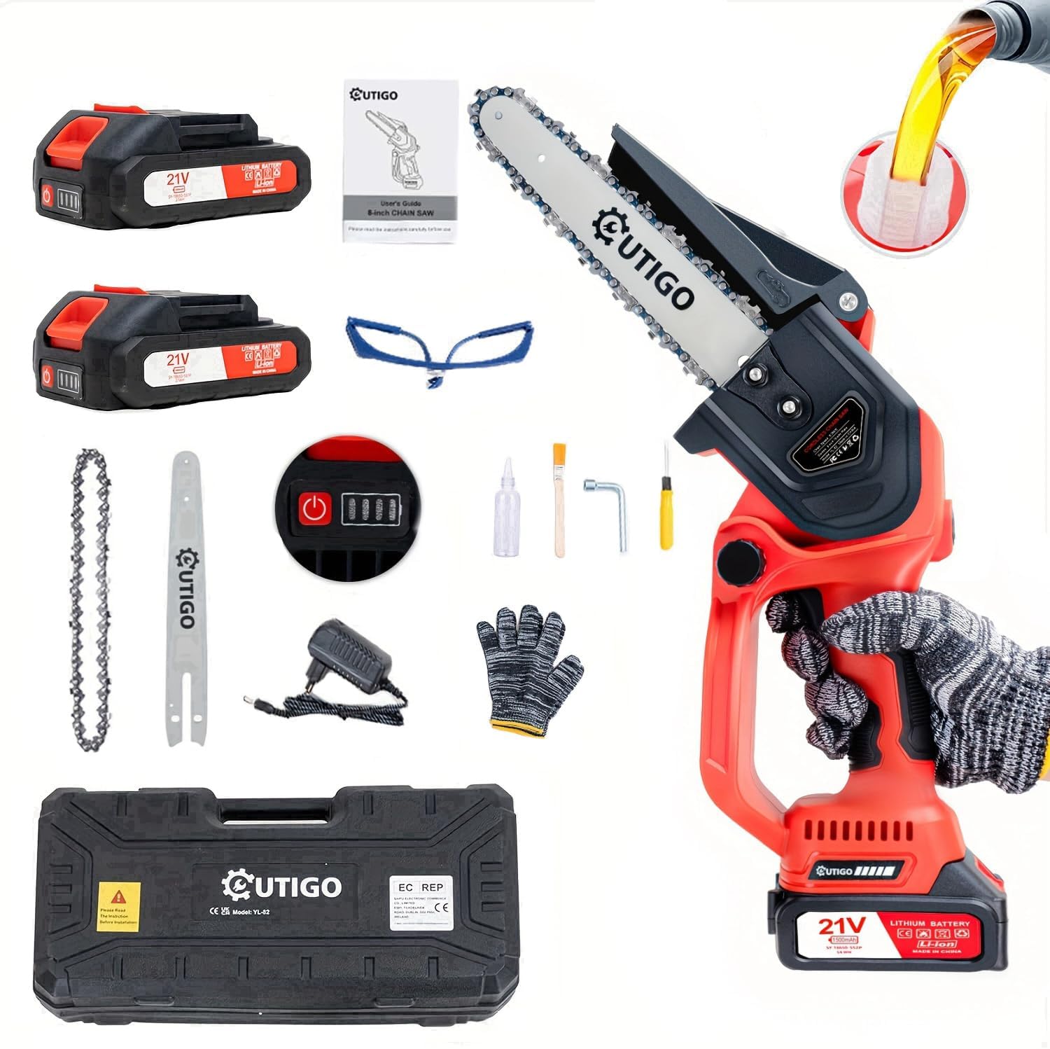 OUTIGO -  מסור מיני 8 אינץ' עם 2 סוללות 21V ומנוע 800W לגיזום עצים
